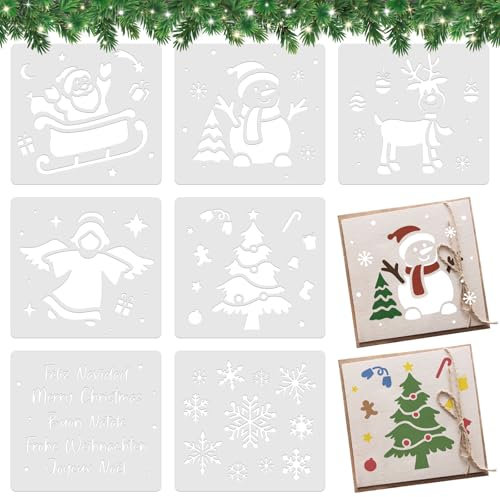 BOOMTOP 7pcs Noël Pochoirs de Dessin Réutilisables Pochoir de Peinture Père Noël Sapin Bonhomme de Neige Renne Pochoir Ange Joyeux Noël Scrapbooking Décoration DIY pour Album Carte Fête Noël