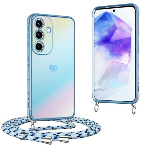 Knrlqim Coque avec Cordon pour Samsung Galaxy S24 5G 6.2,Irisé Fluorescent Antichoc Housse,Réglable Collier Lanière Téléphone Étui Portable Lanyard Case Protection Compatible Cover avec Coeur,Bleu
