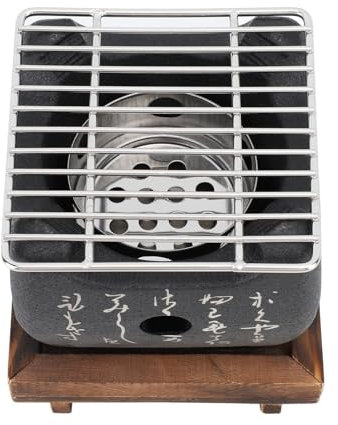 Portable Japanese Mini BBQ Charcoal Grill, Aluminum Alloy Pan with Wood Base, 16.5x14.5cm, for Yakiniku, Robata, Yakitori Outdoor Cooking