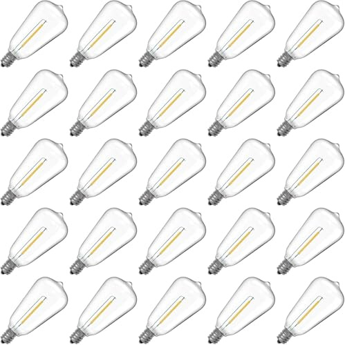 25 Stück E12 ST38 1W LED Lampen, Ersatz 7W Glühbirnen Außen, 2700K Warmweiß, AC220-240V, ST38 Globe Klar, Kunststoff Birne, Außenleuchten für Außen-Lichterketten, Camping, Straßen, Party (ST38)