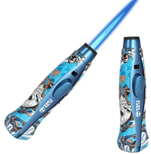 Accendino a butano ricaricabile, torcia a butano con chiusura di sicurezza, fiamma regolabile, torcia da cucina, design resistente al vento, per cucinare, esterni, barbecue (butano NON incluso) (Blu)