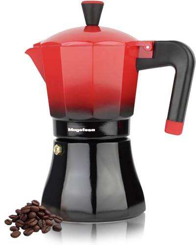 MAGEFESA Tradicional - Cafetera Italiana Negra y Roja, 9 Tazas, 450ml, Acero Inoxidable y Aluminio, Todo Tipo de Cocinas, Induccion, Mango Toque Frío