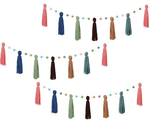Qkbuza Boho Girlande für Klassenzimmer, Set mit 3 bunten Pompon-Girlanden | Wanddekoration für Tür, Decke, Tafel | Kinderzimmerdecke, Klassenzimmer