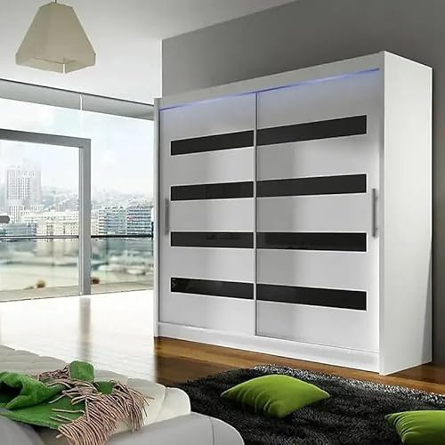 Agritrade AK BEGA XI 180 Wardrobe with Sliding Doors Hanging Rail Shelves White with Black and LED Lights