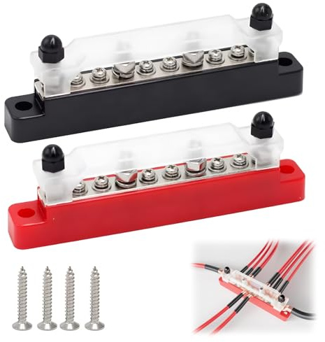 150A 12V Power Distribution Block Bus Bar 48V DC earthing Busbar with Cover 4 X 1/4 (M6) 6 X #8 (M4) Studs Battery Bus Bar with Terminal Block for Car Boat Marine Solar System(Red, Black)