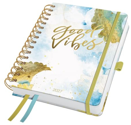 SIGEL Jolie Spiralkalender 2027 A5 hellblau gold Hardcover | 7J606, Gummiband, Stiftschlaufe, Einstecktasche, 2 Zeichenbänder, 240 Seiten, vegan, Buchkalender, Terminplaner