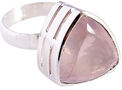 Rose Quartz 16x16mm Trillion Faceted Ring 925 Sterling Silver Bezel Set Pink Natural Gemstone Handmade Jewelry S1/2, 61(19.4)