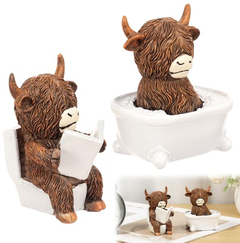 Bpyhebe 2 Pcs Highland Cow Figurines Bathroom Decor, Funny Resin Animal Ornaments - Highland Cow Reading on Toilet & Sitting in Bathtub, Rustic Farmhouse Statues for Home Accessories, Shelves & Gifts