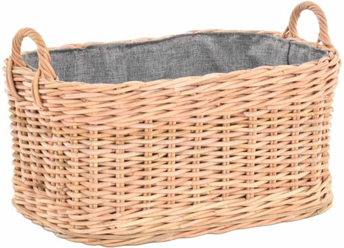 Holzkorb für Kaminholz Rattan geflochten mit Griffen und Stoff Tragekorb Holz (Hell Natur, 64x50cm)