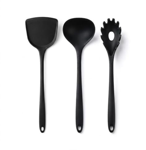TSUOUKL Set da 3 Utensili da Cucina in Silicone Nero, Include Mestolo, Spatola e Servispaghetti, Resistenti alle Alte Temperature, Accessori per Pentole Antiaderenti