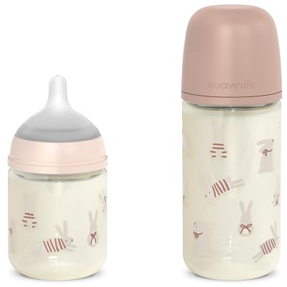 Suavinex, Pack 2 Biberones Vidrio: 120 + 240 ml Flujo Lento y Medio, Rosa | Tetina Fisiológica SX Pro Silicona, Válvula Anticolicos, para Leche, Zumos, Agua, Boca Ancha, Bebé +0 Meses, Recién Nacido