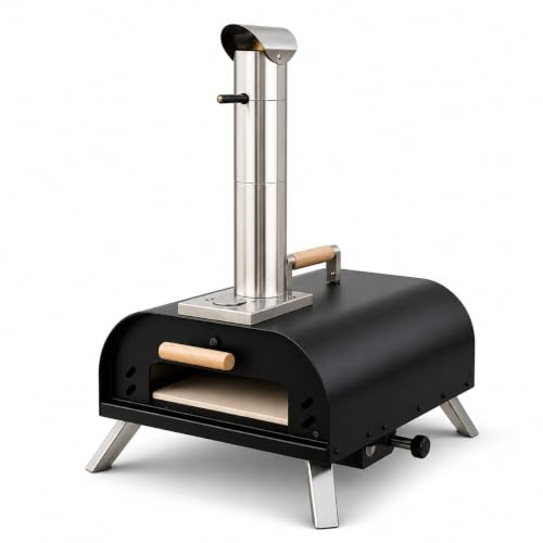 Horno de Pizza Portátil a Leña y Carbón para Exterior – Horno de Acero con Cajón de Combustible Extraíble, Chimenea de Acero Inoxidable Desmontable, Piedra Refractaria, Puerta Abatible y Termómetro