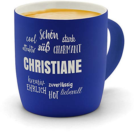 printplanet - Kaffeebecher mit Namen Christiane graviert - SoftTouch Tasse mit Gravur Design Positive Eigenschaften - Matt-gummierte Oberfläche - Farbe Blau