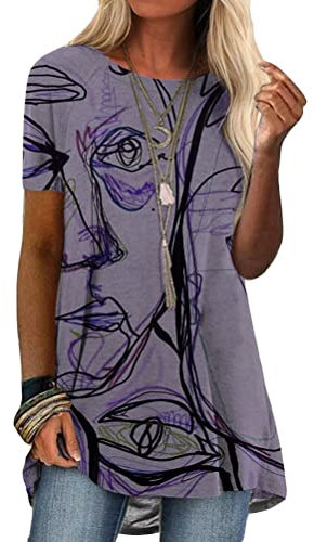 ORANDESIGNE Magliette da Donna Manica Corta con Girocollo Estive Larghe Magliette Basic T-Shirt Donna Lunga Estiva Casual Stampa Geometrica Blusa Shirt Top Elegante A Viola M