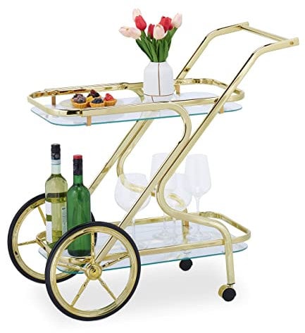 Relaxdays Servierwagen, 2 Etagen, Küchenwagen mit Rädern & Rollen, Glas & Eisen, HBT: 80 x 43 x 85 cm, Barwagen, Messing