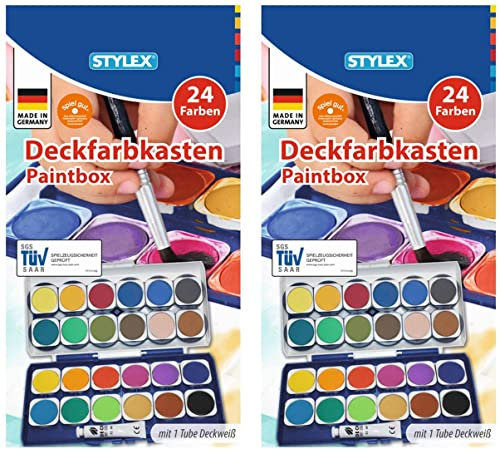 Stylex 28179 - Deckfarbkasten mit 24 Wassermalfarben und Einer Tube Deckweiß, Abnehmbarer Deckel mit 6 integrierten Feldern zum Mischen, ohne Pinsel (2)