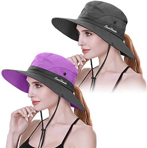 IYEBRAO 2 Stück Pferdeschwanz Sonnenhut Damen-UV Schutz Breite Krempe Sommerhut mit Nackenschnur-Sonnenschutzhut Strandhut Fischerhut Anglerhut Gartenhut Wanderhut Outdoor Hut (Violett+Grau, 2 Stück)