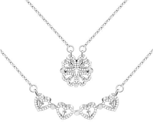 VU100 2 in 1 Klee Glücksbringer Magnetisches Herz Halskette Glänzendes Herz Anhänger Schmuck Geschenk für Freundin Mädchen Frau (Silber)