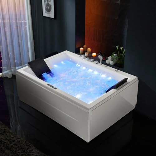 Weibath Whirlpool Bathtub 2 Person Jetted Bathtub 71 Massage Whirlpool Tub with 18 Water Jets+20 Air Jets,3 Sided Apron White Chromatherapy LED Jet Tub