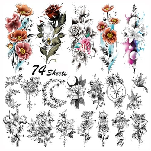 Acevegue 74 Sheets Temporary Tattoos for Women, Half Arm Flower Rose Fake Tattoo Sleeve, Realistic Small Tiny Branch Wild Plant Semi Permanent Transfer Tattoo Stickers for Adults&Girls Body Makeup Art