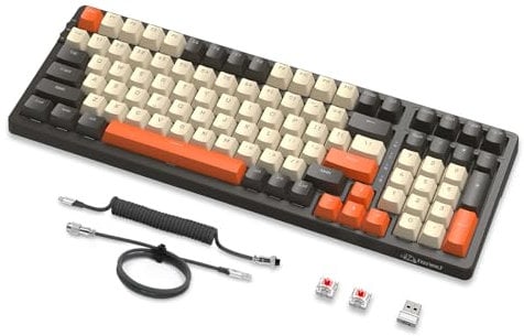 MAMBASNAKE × FREEWOLF K8 Bunte mechanische 3-Modu Tastatur, 2,4 G kabellose Bluetooth Gaming Tastatur mit Spiralkabel, 19 RGB, Hot-Swap roter Schalter für Laptop, PC, Mac – Shimmer