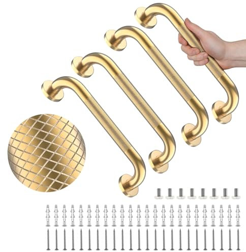 4 Pack 12 Inch Shower Grab Bar, YuanDe Gold Bathroom Grab Bar Handle w/Anti-Slip Knurled Grip, Stainless Steel Bath Balance Bar, 1 Diameter Safety Hand Rail Support,Handicap Injury Elderly Senior