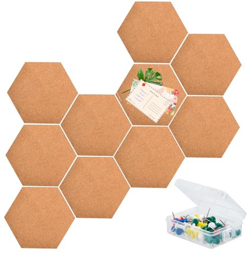 EMNIMQ 10 PCS Cork Board Self Adhesive Notice Board Hexagon Felt Memo Pin Board Hexagon Felt Board Tiles Board with 40Pcs Push Pins for Home Office Bulletin Boards,for Wall Decoration,DIY Message