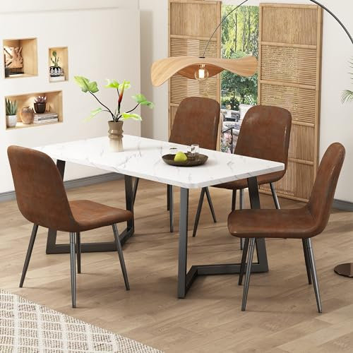 MQGPM Esszimmergruppe mit Esstisch & 4 Stühlen Küchentisch Set für Wohnzimmer Küche, Essgruppen mit Eisenbeine Esszimmerstühle Scandinavian Vintage Künstlich Wildledersitz für Stilvolle Dinnerpartys