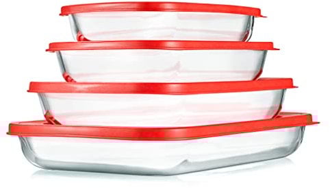NutriChef 8-Piece Glass Bakeware Set - Glass Rectangular Baking Dishes with Red PE Lids, Ideal for Freezer-to-Oven Cooking, Casseroles, and Easy Food Storage, Stackable Design