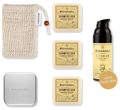 Störtebekker® Premium Dusch Routine Set - Festes Shampoo Sandelholz (x3), Sisalsäckchen, Seifendose + GRATIS Tagescreme - Shampoo Bar Set für Haar, Gesicht & Körper - Handgefertigt in Seifenmanufaktur