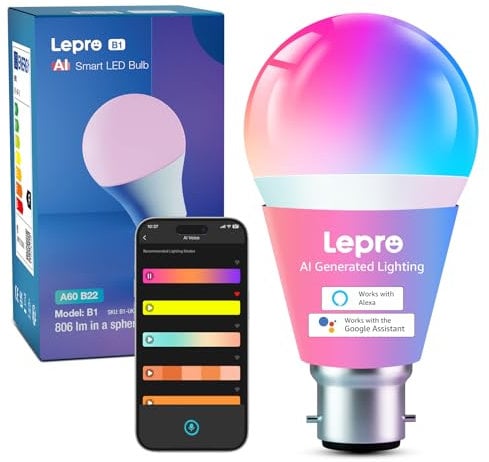 Lepro B1 AI Smart Bulb B22, Music Sync, Bayonet WiFi Bulb That Works with Alexa & Google Home, AI Lighting Design Assistant, APP & Voice Control, 806lm, Dimmable, Bluetooth Color Changing Light Bulb