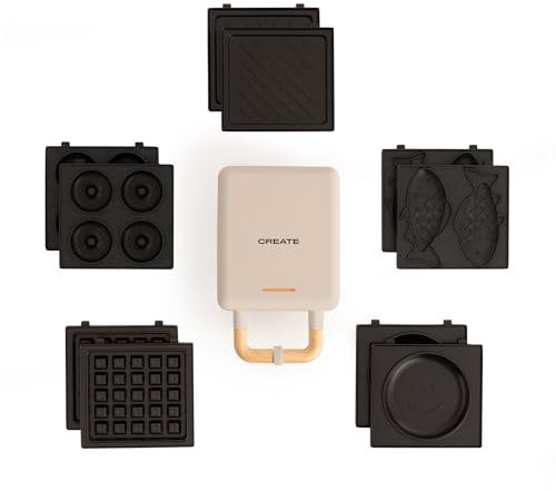 CREATE/STONE STUDIO/Sandwichmaker mit 5 austauschbaren Platten in Sand/Sandwich-Grill, Waffel, Taiyaki, Pfannkuchen und Donuts, Antihaftbeschichtung, 100° Öffnung, 600W