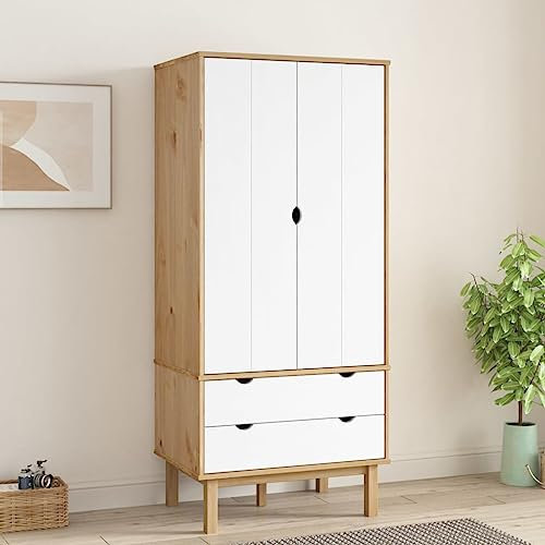 Willood Kleiderschrank OTTA Braun&Weiß 76,5x53x172 cm Massivholz Kiefer Garderobenschrank Garderobe Schlafzimmerschrank Hochschrank Holzschrank Schrank mit Schublade