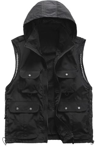 Hooded Vests for Men Quick Qrying Camping Activewear Sleeveless Hooded Gilet Lightweight Outdoor Fishing Photography Vest Cargo Shooting Travel Waistcoat with Pockets Running Athletic Sports Tank Tops