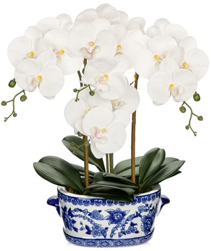 Oairse Orchid Artificial Flowers in Blue and White Porcelain Pot 19.7 White Faux Silk Orchid Arrangement Large Fake Flower Floral Centerpiece for Elegant Home Office Living Room Kitchen Table Decor