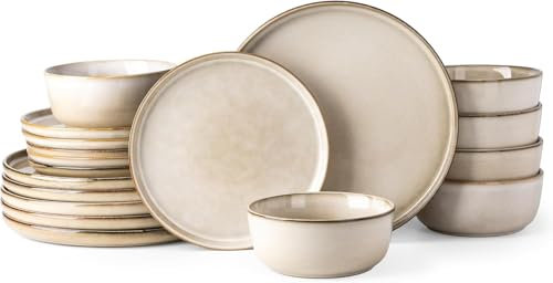 GBhome Geschirrset 6 Personen, 18-tlg Reaktive Glasur Handarbeit Steingut Geschirr Set, Mikrowellen- & Spülmaschinenfest Schüssel- und Teller Set, Cappuccino