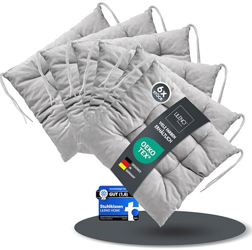 LILENO HOME 6er Set Wende Stuhlkissen Hellgrau (40x40x6 cm) - Streifen Sitzkissen für Gartenstuhl, Küche oder Esszimmerstuhl - Indoor u. Outdoor Stuhlauflage als Stuhl Kissen (Linda FUM)