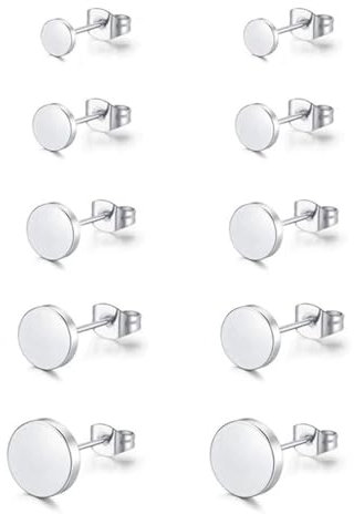 HAMKU 5Paare Titanium Ohrstecker Hypoallergen für Damen Herren Mädchen Silber Ohrstecker Runde Scheibe Ohrringe für Empfindliche Ohren