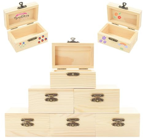 AolKee 6 Stück Mini Schatztruhe mit deckel holz, schatzkiste, DIY Kleine Holzkiste mit Deckel und Metallverschluss, schatztruhe kindergeburtstag, Holzkisten zum Basteln, Flache Abdeckung，9 x 5,5x 5cm