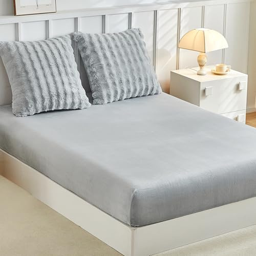 Tokokimo Lenzuolo in flanella per 2 persone, lenzuolo con angoli 160 x 200 cm, con 2 federe 65 x 65 cm, in pile, al tatto cashmere, super morbido e soffice per materassi spessi fino a 30 – 35 cm
