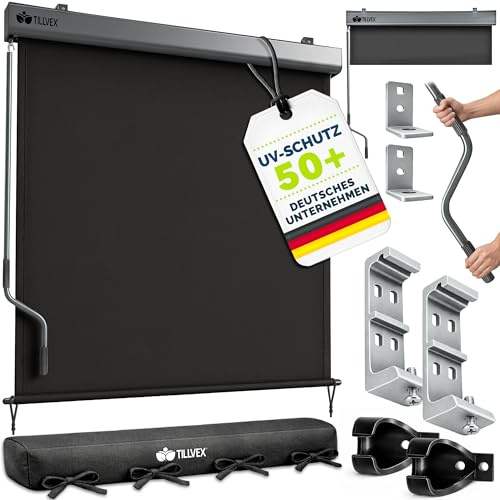 tillvex® Store Vertical pour extérieur et intérieur 200 x 250 cm + Housse de Protection - Store extérieur imperméable avec manivelle pour Balcon, Terrasse et Jardin - Protection Solaire en Aluminium