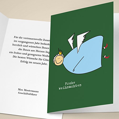 100er Weihnachtskarten Set Lustige Weihnachtskarten mit dickem Engel, mit ihrem Innentext (Var2) drucken lassen, als geschäftliche Neujahrskarte an Kunden, Mitarbeiter: Frohe Weihnachten