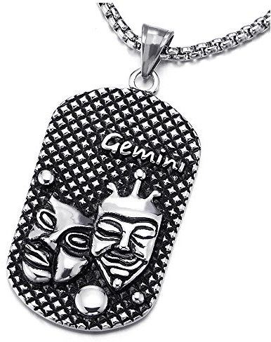 COOLSTEELANDBEYOND Vintage Horoskop Sternzeichen Tierkreis Zeichen Zwillinge Gemini Dog Tag Anhänger Edelstahl Halskette mit 75cm Stahl Weizen-Kette, Zwölf Sternbilder, Herren Damen