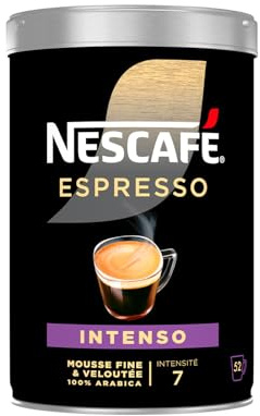 NESCAFÉ Espresso Intenso , Café Soluble 100% Arabica , Boîte de 95 g | Café soluble Espresso riche , Intensité robuste 100% Arabica avec mousse fine veloutée , Préparation rapide au quotidien