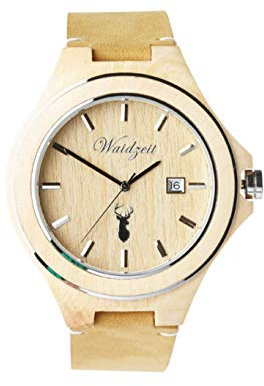 Waidzeit ZI01 Zirbenuhr Uhr Herrenuhr Lederarmband Holz Analog Datum Beige
