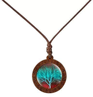Damen Hals-kette Lebensbaum Glas-Cabochon + Holz-Fassung Lederband-kette braun Anhänger handmade Schmuckphantasien