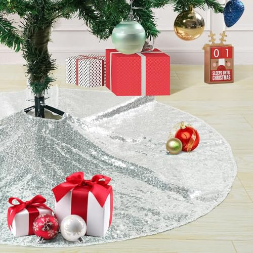 Eternal Beauty Christmas Tree Skirt 127cm Round Christmas Sequin Tree Skirt Xmas Tree Ornament for Holiday Decoration(50 inches,Silver)