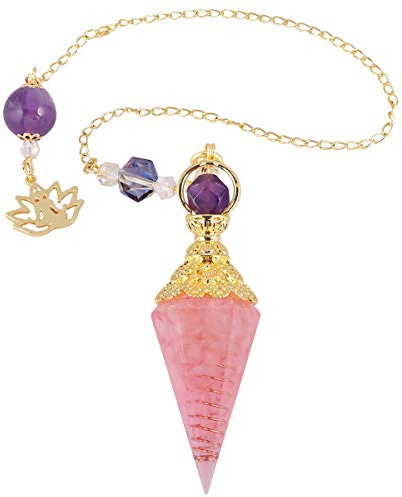 KYEYGWO Quartz Rose Pendule Divinatoire Radiesthésie en Pierre d'Énergie Résine, Reiki Prisme Hexagonal Pointé Protection Pendentif Perle Ronde avec Chaîne 11.2