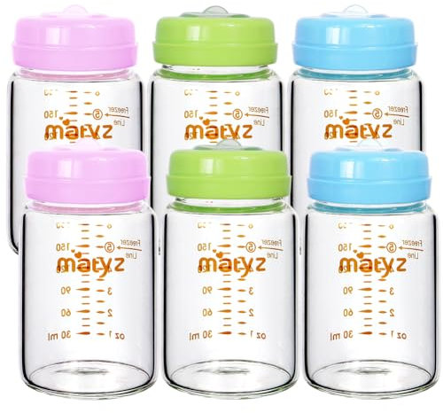 Matyz 6-Pack Borosilicate Glass Breast Milk Bottles (6 oz, 3 Colors) - Wide Neck Breastmilk Collection and Storage Bottle - Formula Storage Bottles Compatible with Medela Avent Spectra Pumps