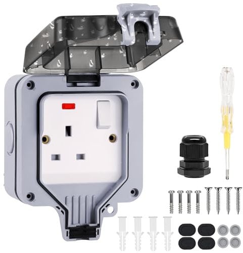 Powerole Single Outdoor Socket Waterproof Socket, Wall Electrical Outlets, IP66 13Amp 1 Gang Switched Socket Cover, Outdoor Weatherproof Wall Plug Socket Box